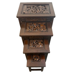 Early 1900's Japanese Hand Carved Set of Four Nesting Tables w/ Glass Inserts Available, Sku 033774