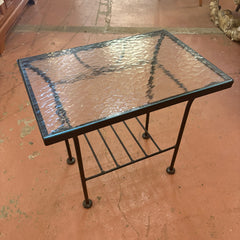 Steel and Glass Patio Table, Side or End.  Lower Shelf, Glass has a Ripple Texture, Sku 033945