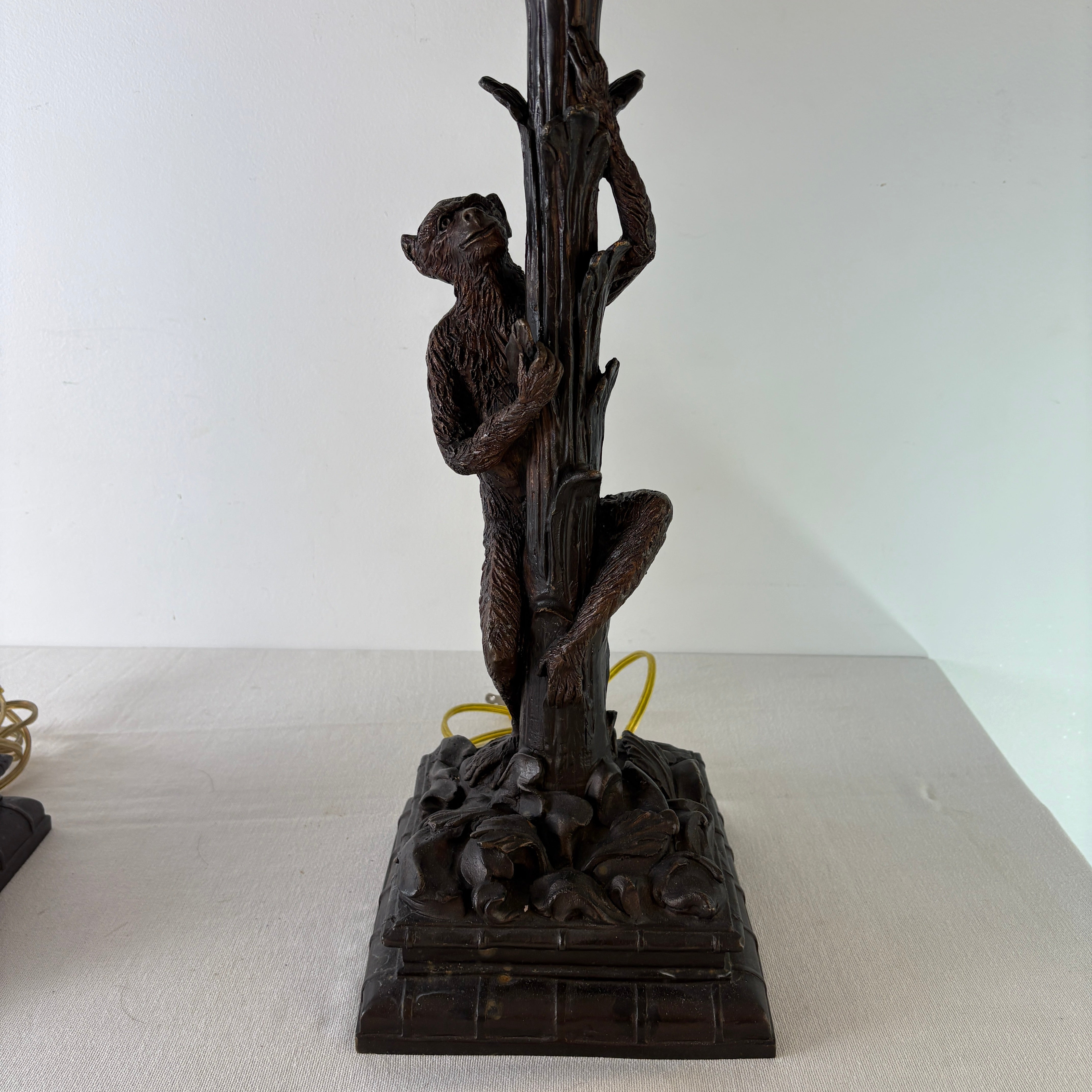 Pair of Bronze Table Lamps w/ Palm Tree & Monkeys, Beige Silk & Pleated Shade, Sku 033089
