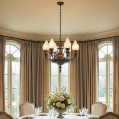 Antique Six-Arm Glass Flame Globe Chandelier, Brass, Sku 033704