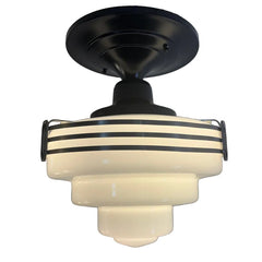 Rejuvenation Hardware Semi Flush Mount Art Deco Light Fixture w/ Tiered Milk Glass Globe, Sku 033993