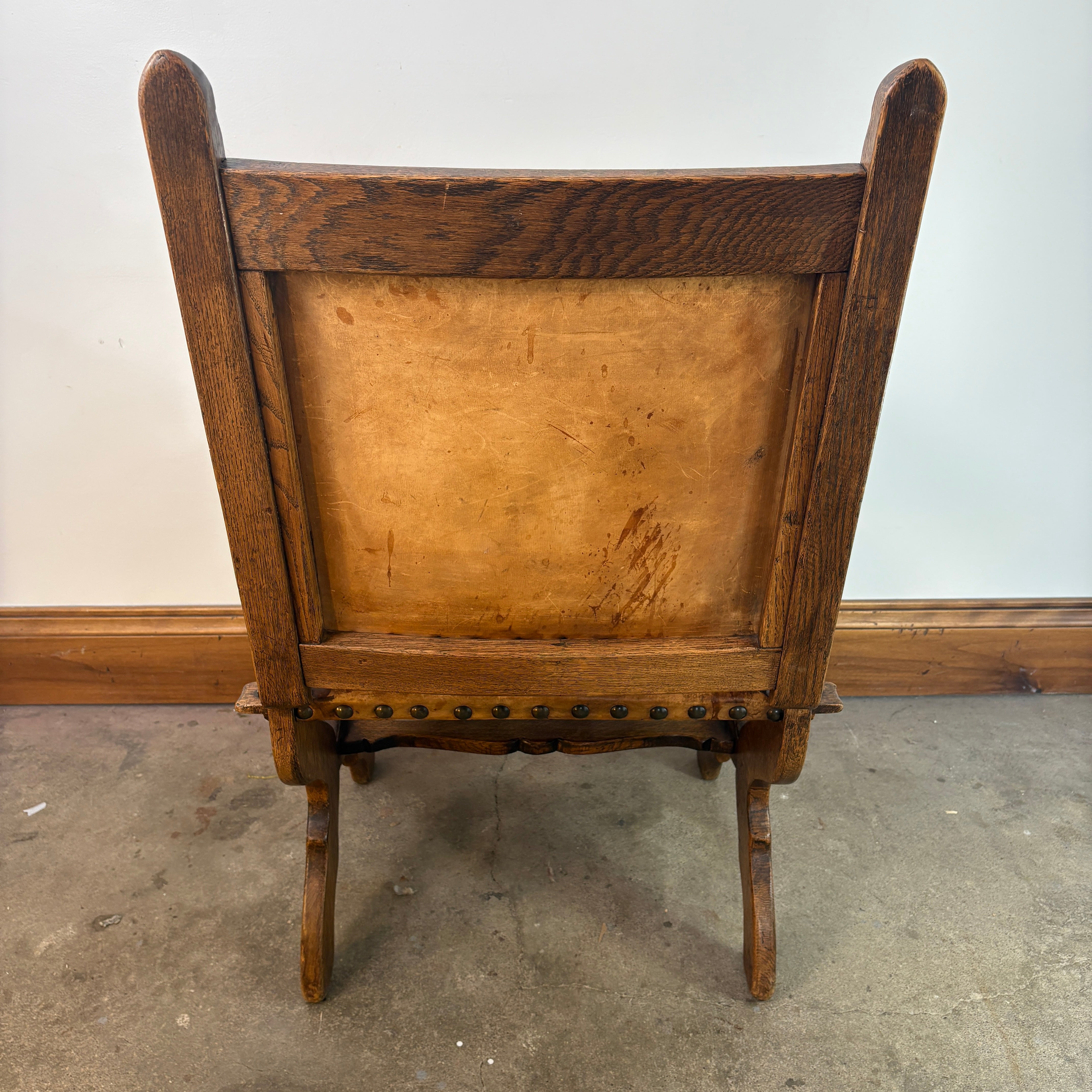 Set of Oak & Aged Leather Arm Chairs with Nail Head Detail & Side Chairs, Sku 033087