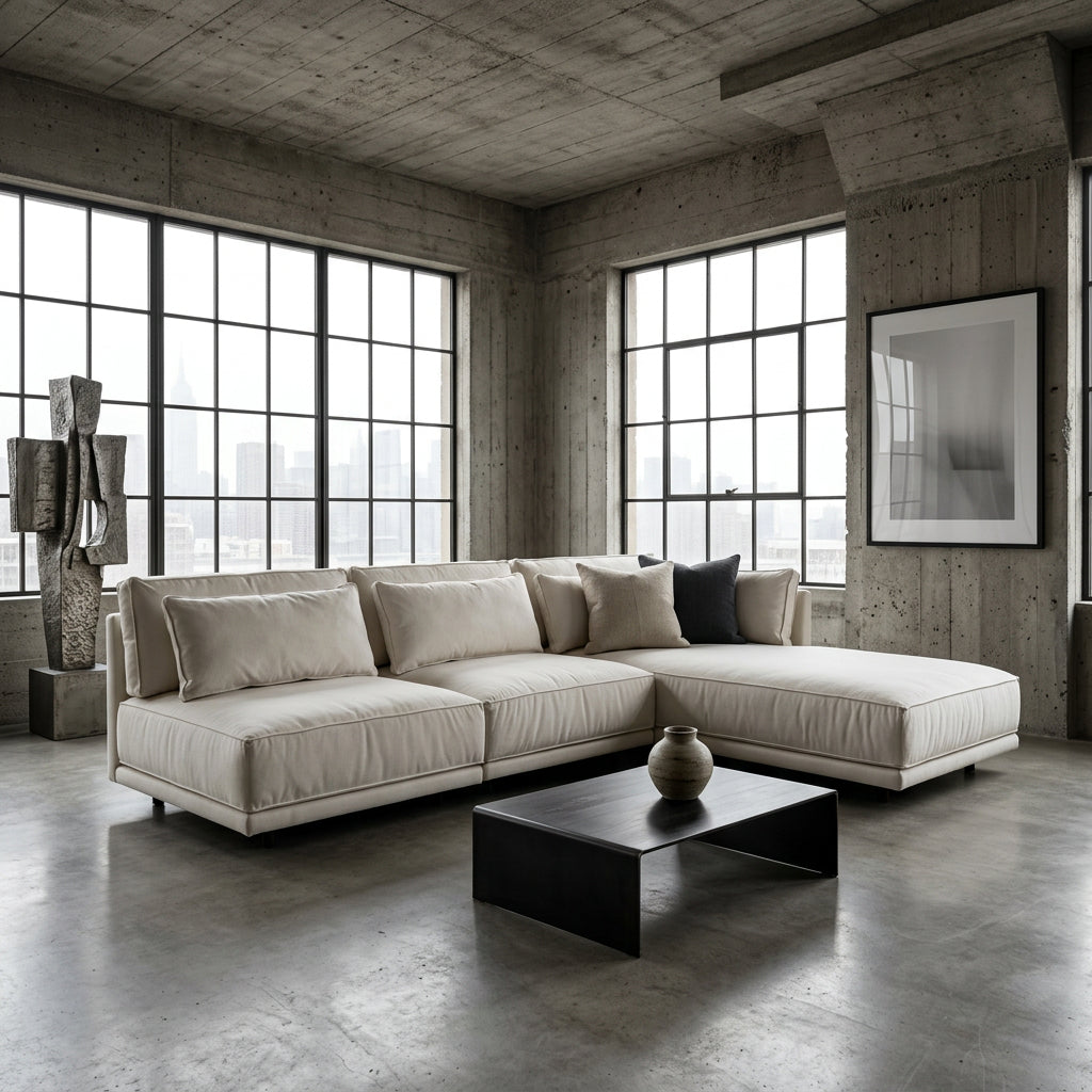 Milano Left Arm Chaise Sectional in White Linen Like Fabric with Loose Cushions, Sku 034088