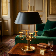 Chapman For Visual Comfort Double Socket Bouillotte Lamp 4 Candle Arm Detail and Green Metal Shade, Sku 034124