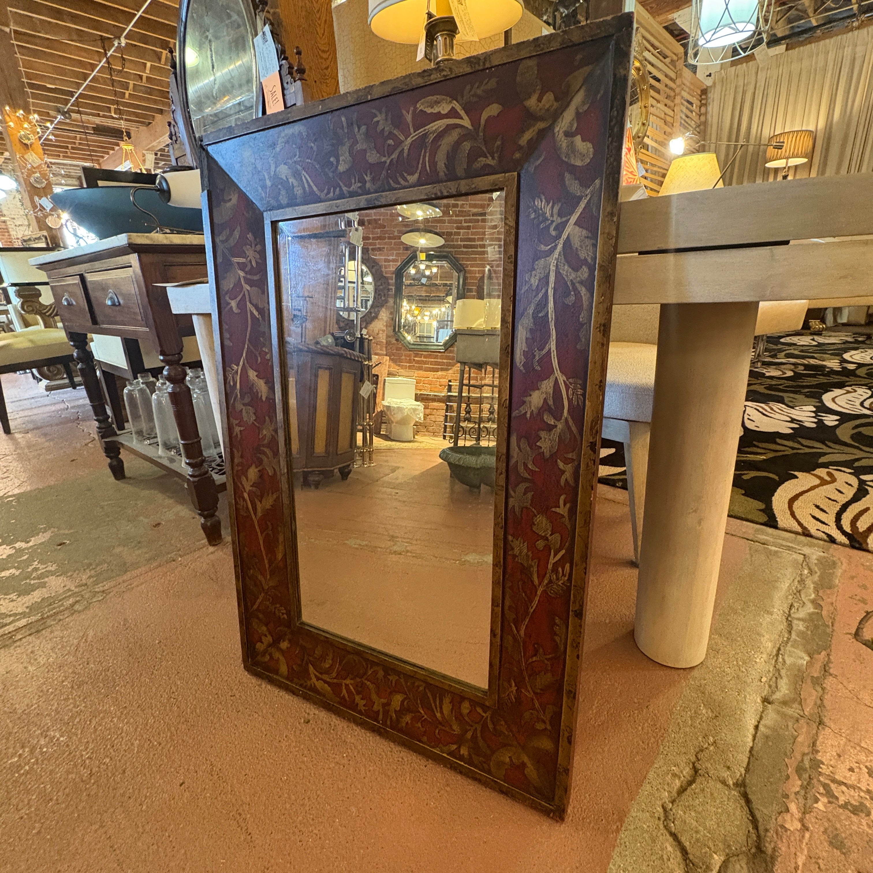 Vintage Mirror Red Oak Leaf Detail, Beveled Glass, Sku 033022