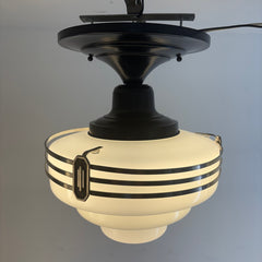 Rejuvenation Hardware Semi Flush Mount Art Deco Light Fixture w/ Tiered Milk Glass Globe, Sku 033993
