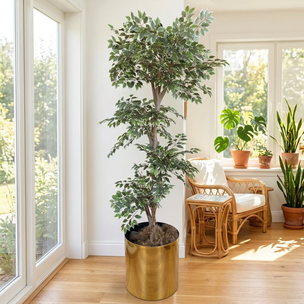 Faux Variegated Ficus Tree in Faux Brass Planter, Sku 034080