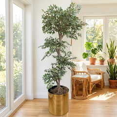 Faux Variegated Ficus Tree in Faux Brass Planter, Sku 034080