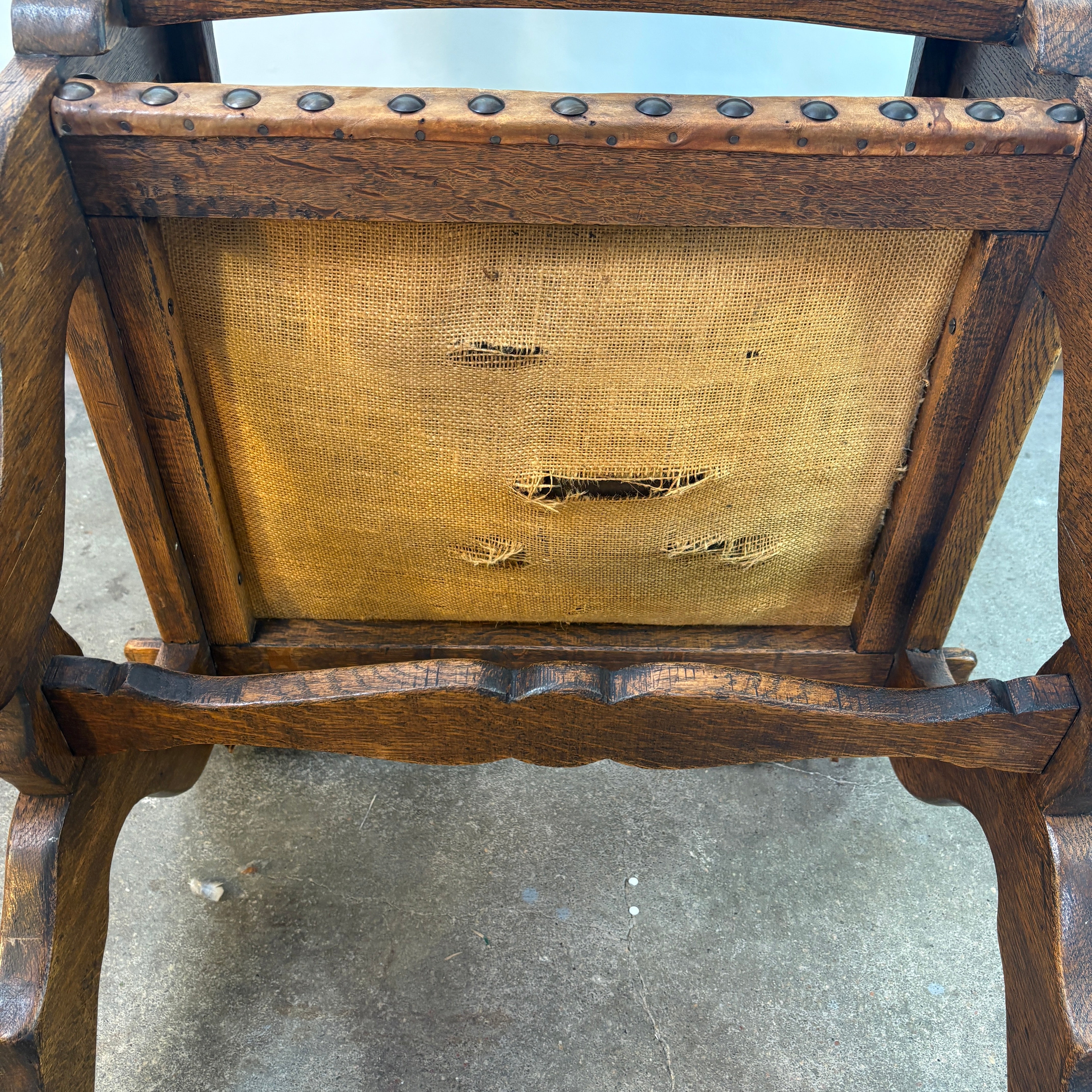 Set of Oak & Aged Leather Arm Chairs with Nail Head Detail & Side Chairs, Sku 033087