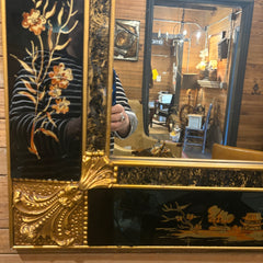 Chinoiserie Rectangular Mirror, Reverse Painted Glass Featuring Figures, Pagodas and Dragons in Gold and Black Color Scheme, Sku 033531