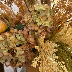 Faux Floral Arrangement Bountiful Fall Mix of Foliage in Amber Glass Trumpet Shaped Vase, Sku 033978