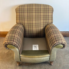 Great Western Brand Armchair Ottoman Set, Pale Green Leather, Plaid Upholstery, Sku: 033674