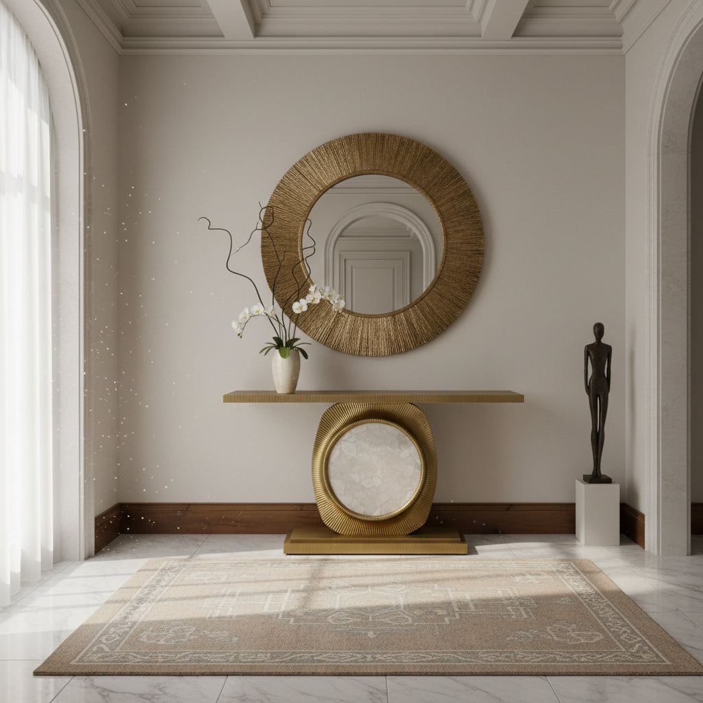 Global Views Console Table Quartz Insert, Wrapped and Fluted Metal, Brass Like Finish, Sku: 033623