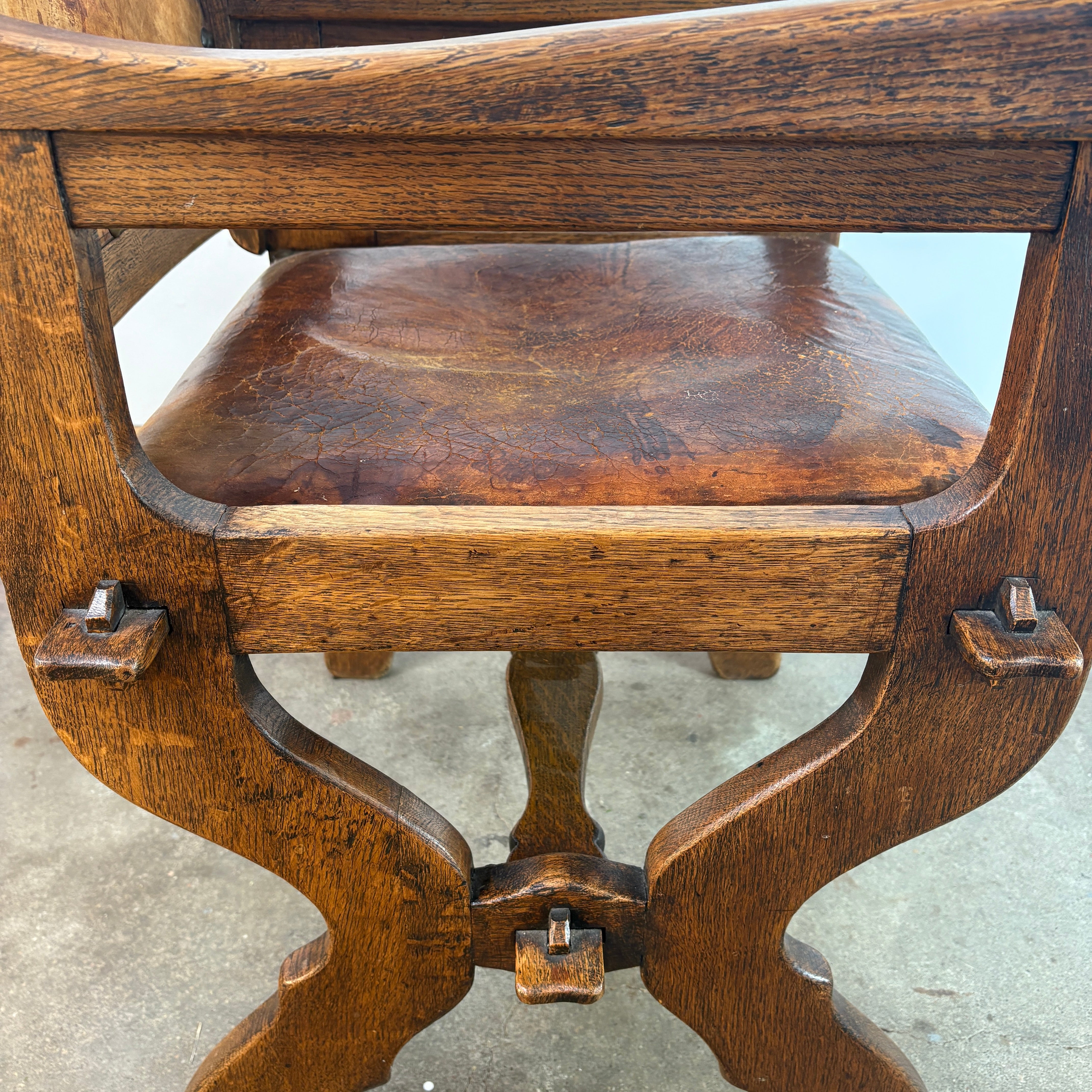 Set of Oak & Aged Leather Arm Chairs with Nail Head Detail & Side Chairs, Sku 033087