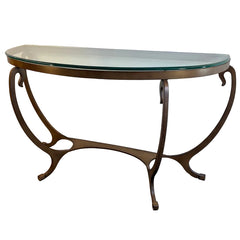 Thomasville Glass and Steel Demilune Console Table. Base Color is Umber and the Shape Features Swoops and Convex Curves, Sku 034040