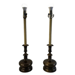 Pair of Brass Table Lamps with Candlestick Styling Brass Base and Finial have Aged to Perfection, Sku 034103