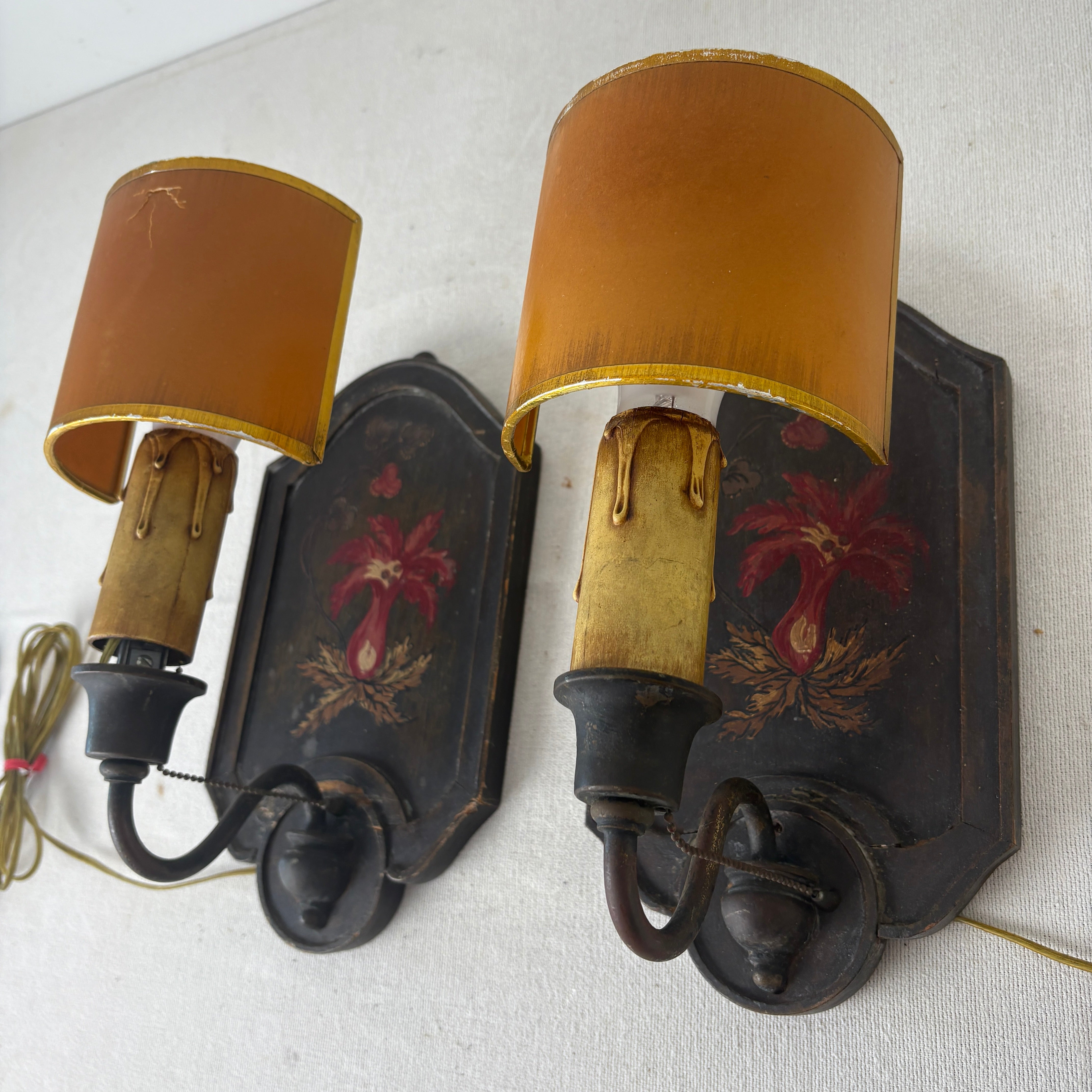 Pair of Sconces, Wood Base w/ Hand Painted Burgundy Flowers & Half Moon Paper Shade