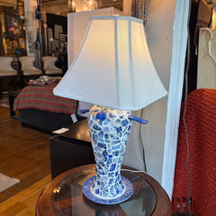 Mosaic Delft Pottery Table Lamp Teapot and Bird Motif with White Square Silk Shade, Sku 033842
