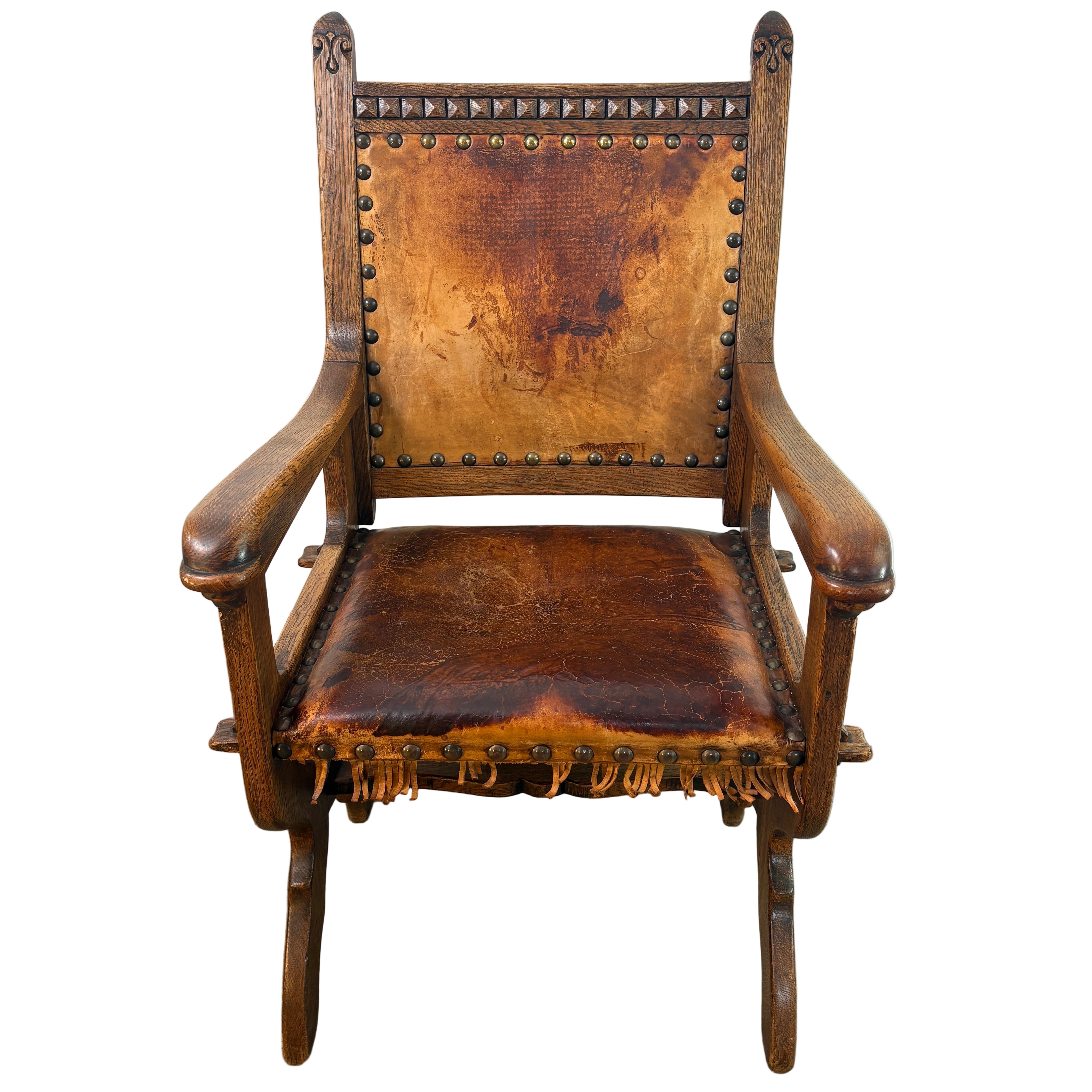 Set of Oak & Aged Leather Arm Chairs with Nail Head Detail & Side Chairs, Sku 033087