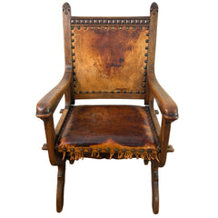 Set of Oak & Aged Leather Arm Chairs with Nail Head Detail & Side Chairs, Sku 033087