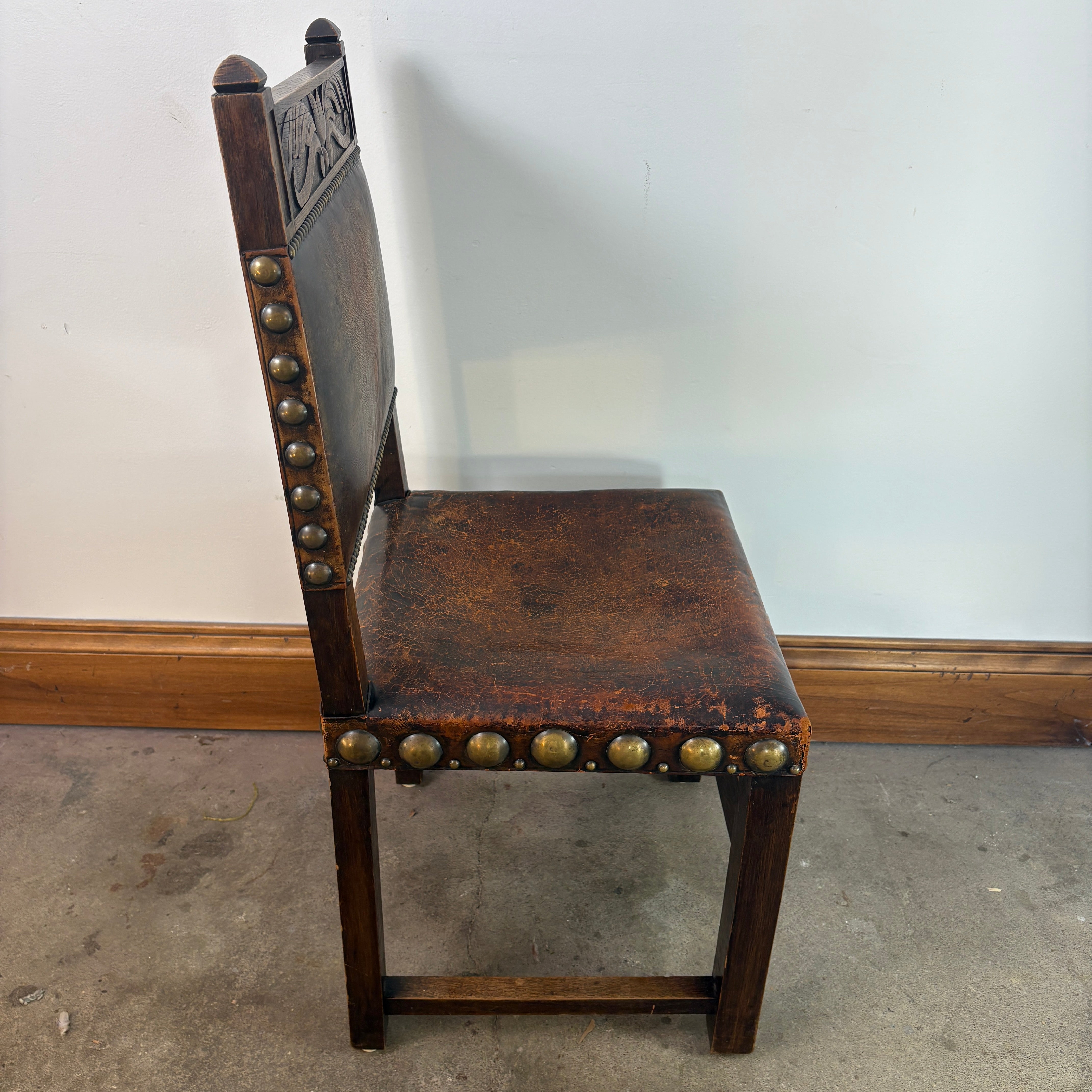 Set of Oak & Aged Leather Arm Chairs with Nail Head Detail & Side Chairs, Sku 033087
