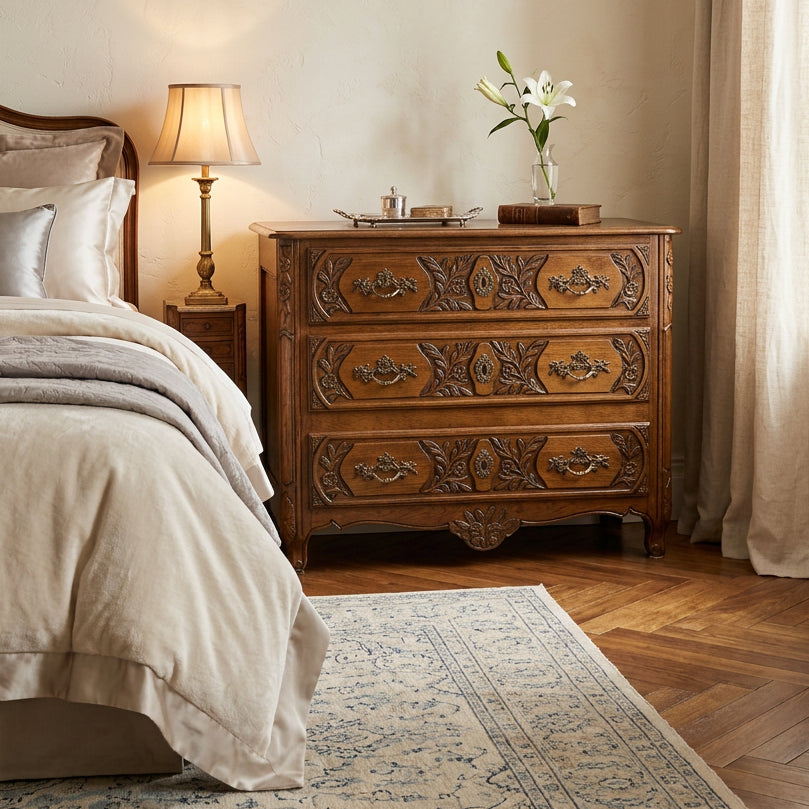 Baker Three Drawer Chest of Drawers Solid Oak with Elaborate Carving, Sku 034134