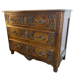 Baker Three Drawer Chest of Drawers Solid Oak with Elaborate Carving, Sku 034134