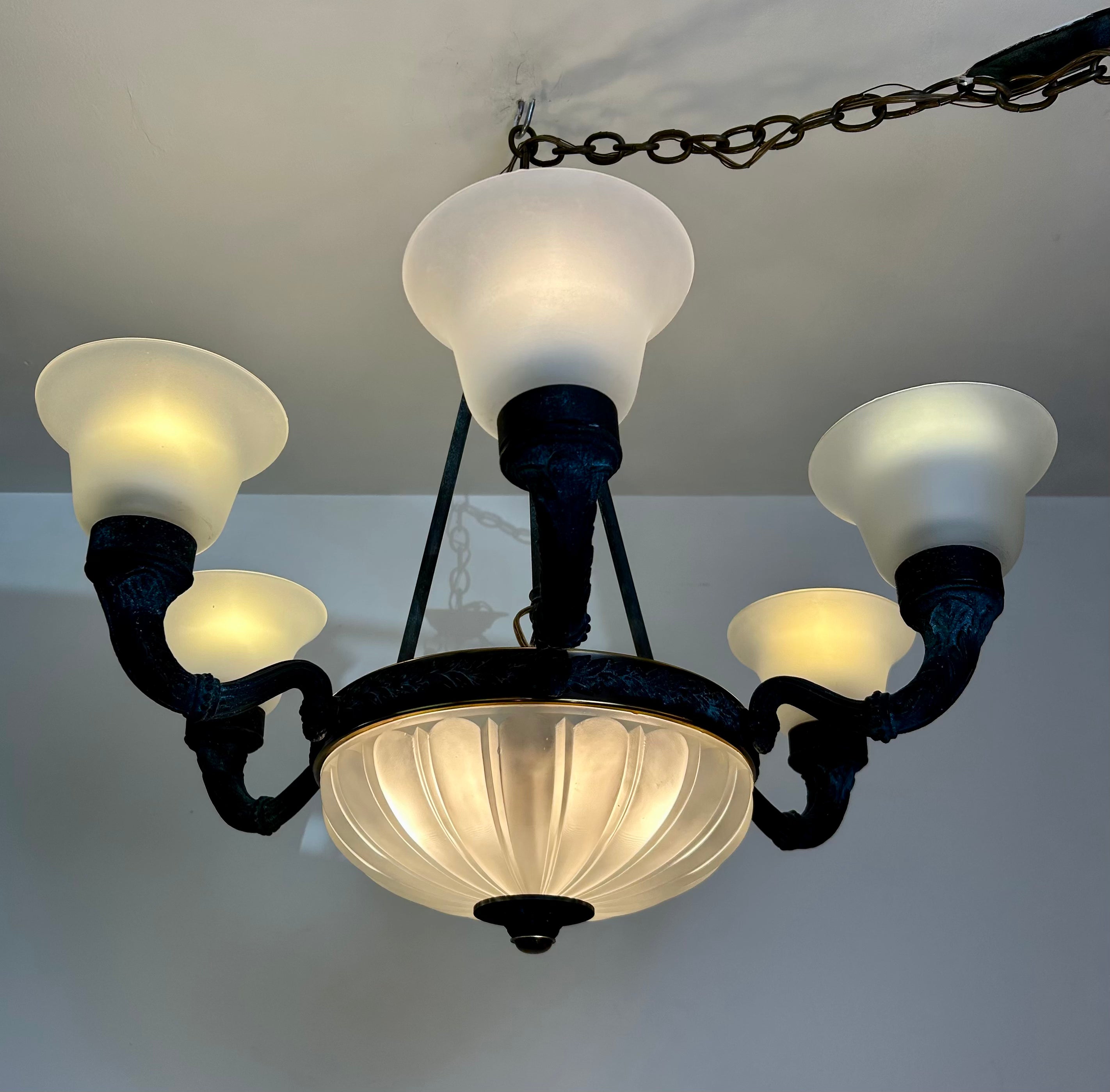 Corbett Chandelier, Six Arm, Bronze and Copper Frame, Frosted Glass Shades, Sku: 032980