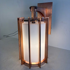 Solid Copper Wall Sconce with Milk Glass Cylinder and Sprocket Like Design, Sku 034135