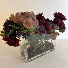 Faux Floral Arrangement Purple & Burgundy Color Story Featuring Dahlia and Hydrangea w/ Clear Glass Rectangular Vessel, Sku 033977