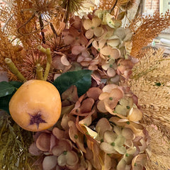 Faux Floral Arrangement Bountiful Fall Mix of Foliage in Amber Glass Trumpet Shaped Vase, Sku 033978