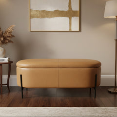 Caramel Leather Hinged Storage Bench/Ottoman , Sku 033971