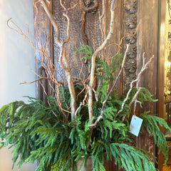 Metal Floor Vase, Antique Brass Finish, Filled with Faux Evergreens and Curly Willow Branches, Sku 033469