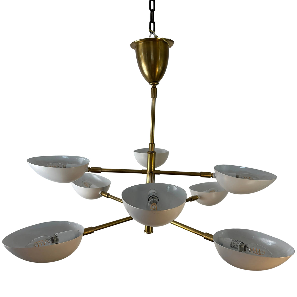 BZ Visual Comfort, Chandelier, 8 Arm Matte Brass Clam Shell, Globes in White Metal,  Sku 033365
