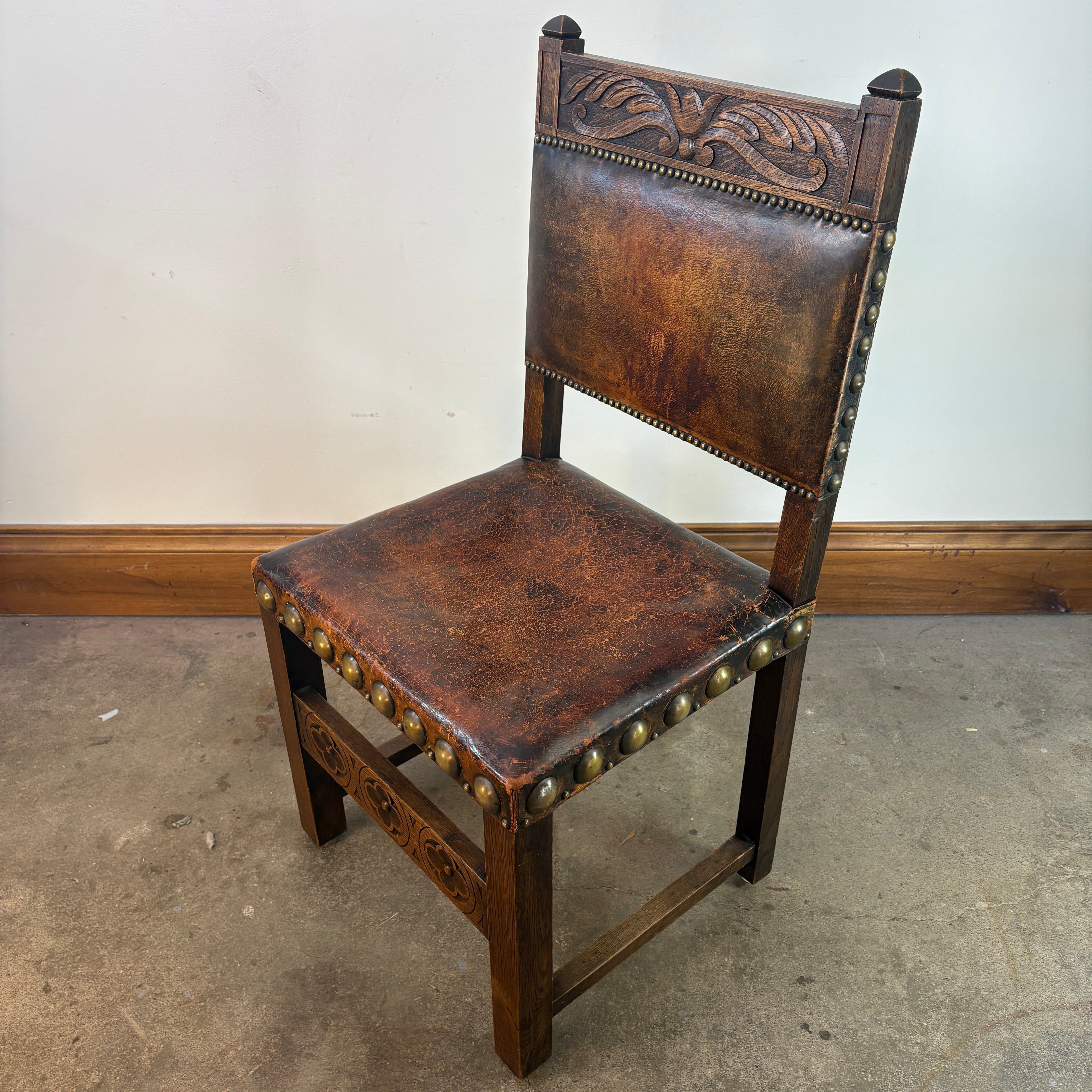 Set of Oak & Aged Leather Arm Chairs with Nail Head Detail & Side Chairs, Sku 033087