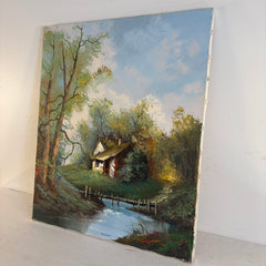 Unframed Painting Signed Sormani Stream and Cottage, Sku 034008