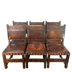 Set of Oak & Aged Leather Arm Chairs with Nail Head Detail & Side Chairs, Sku 033087