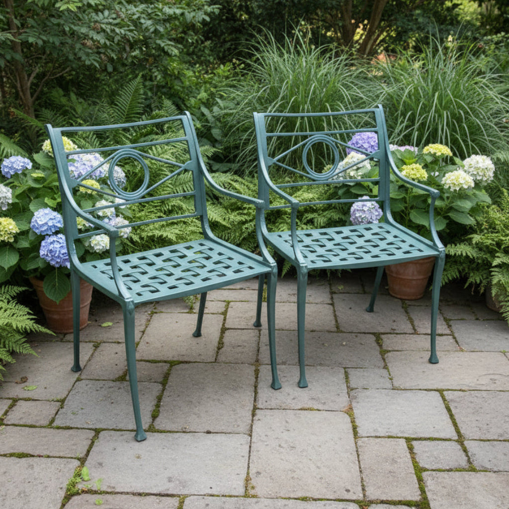 Pair of Neoclassical Style Cast Aluminum Patio Arm Chairs in Sea Green, With Weave Style Seats, Sku: 033758