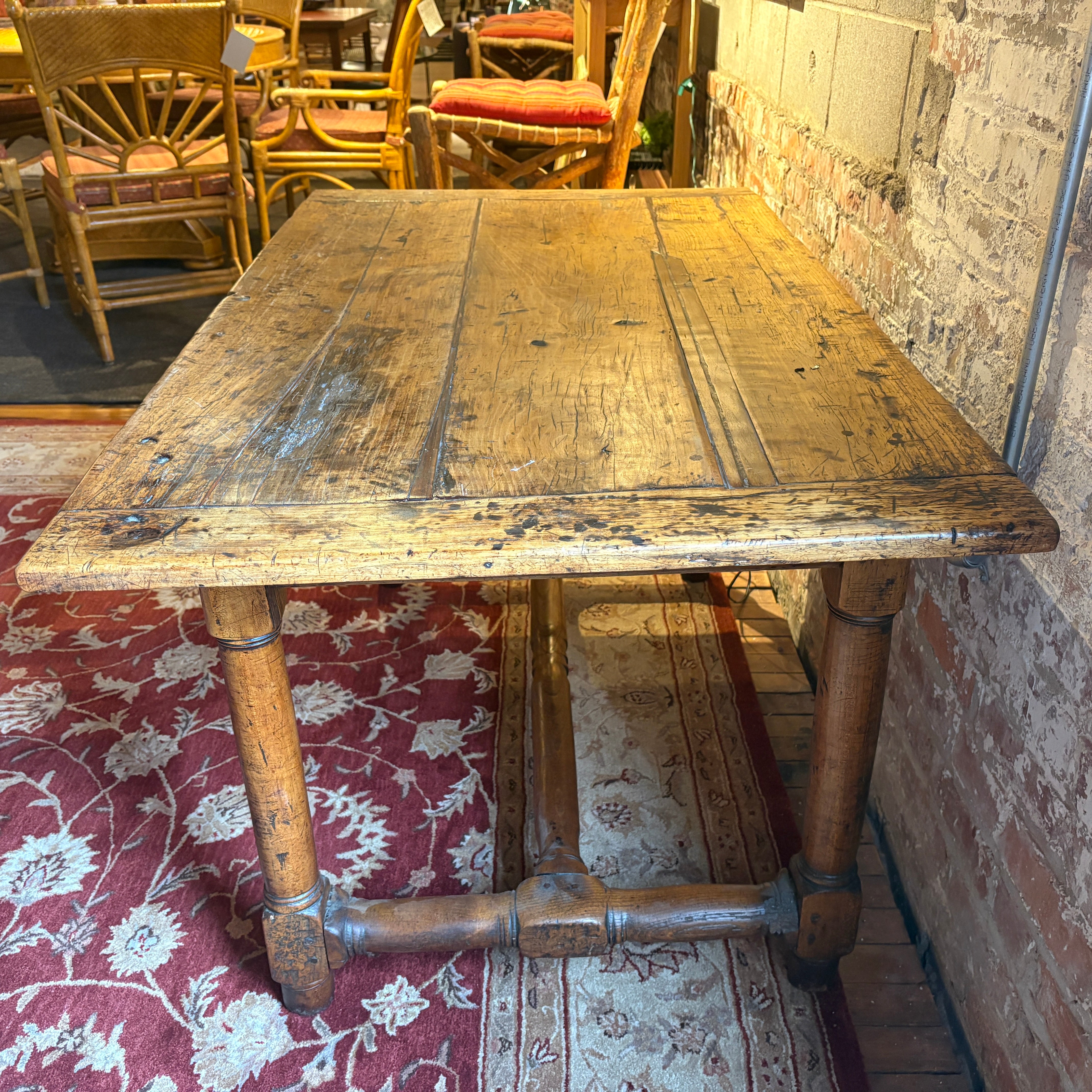 Rustic Antique Trestle Table with Drawer, Sku 033008