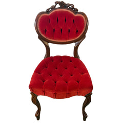 Victorian Wood and Tufted Red Velvet Parlor Chair with Carved Roses, Sku 033521