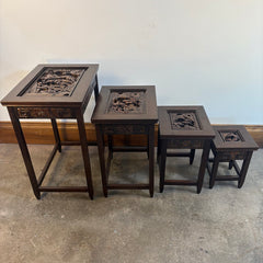 Early 1900's Japanese Hand Carved Set of Four Nesting Tables w/ Glass Inserts Available, Sku 033774
