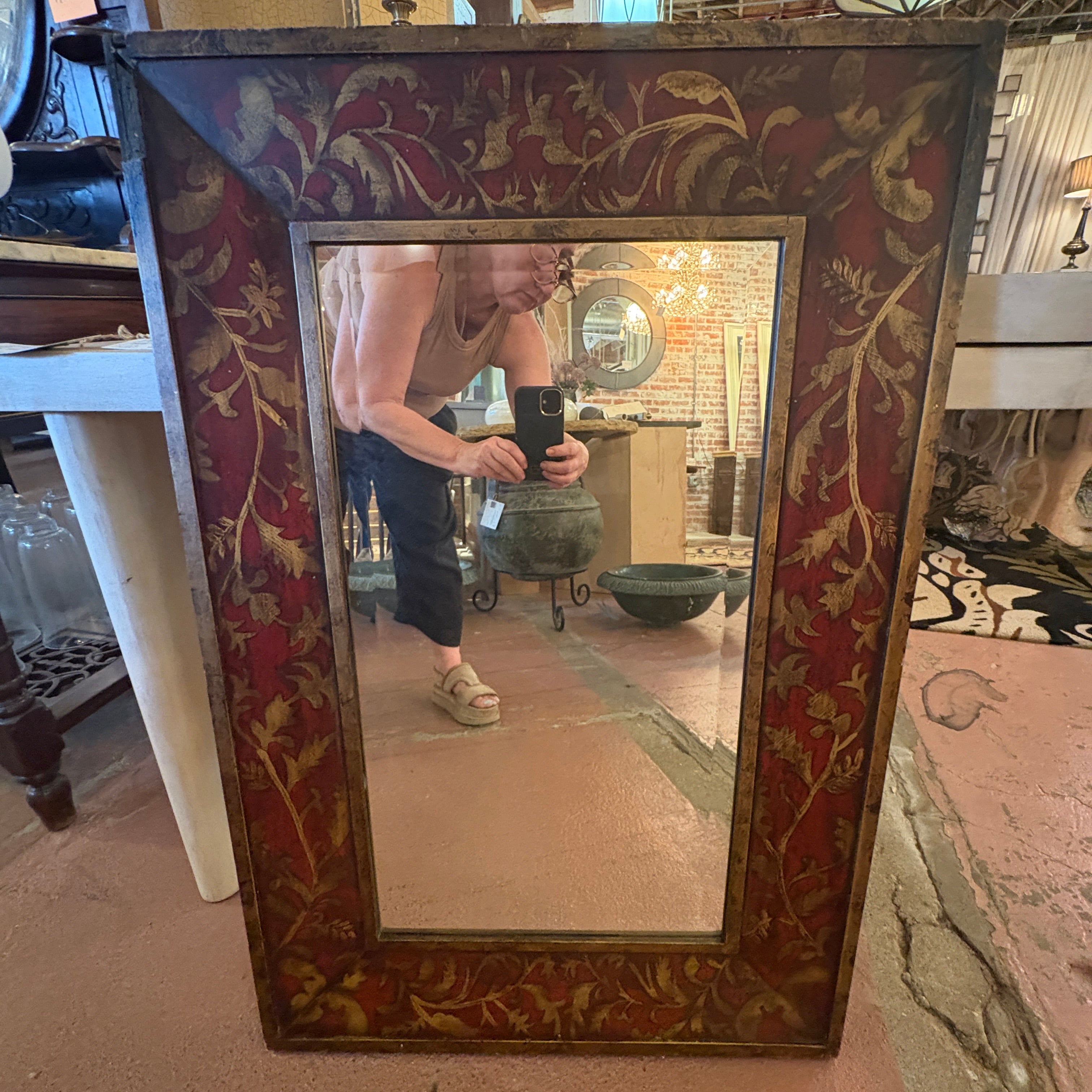 Vintage Mirror Red Oak Leaf Detail, Beveled Glass, Sku 033022