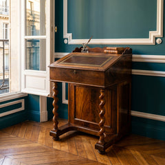 Antique Victorian Davenport Desk Hinged Top Leather Blotter Barley Twist Legs, Sku 034136