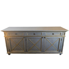 Credenza, Three Lower Cabinets, 3 Top Drawers Finish inSoft Silver, Pale Gold Trim, Sku: 033622