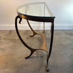 Thomasville Glass and Steel Demilune Console Table. Base Color is Umber and the Shape Features Swoops and Convex Curves, Sku 034040