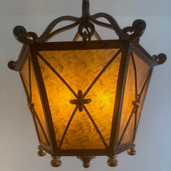 Pendant Light Hexagonal Metal Structure Amber Glass Bronze Finish Gold Accents, Sku 034156