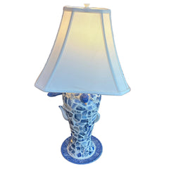 Mosaic Delft Pottery Table Lamp Teapot and Bird Motif with White Square Silk Shade, Sku 033842