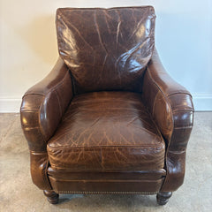 Leather Arm Chair Chocolate Brown with Nail Head Detail and Spool Feet, Sku 034093