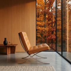 Barcelona Chair Designed by Mies van der Rohe in 1929 Polished Chrome Crisscross Base and New Hand Stitched Welted Carmel Brown Leather Squares, Sku 034141