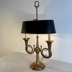 Brass Twin Horn Bouillotte Style Lamp Black Metal Oval Shade with Brass Interior Double Socket, Sku 034148